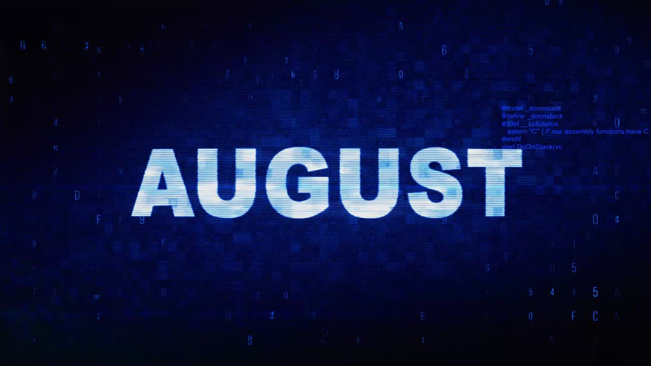 August tekst, digital støy, rykk- og glitcheffekt, loop-animasjonsbakgrunn på TV-skjerm, pålogging og