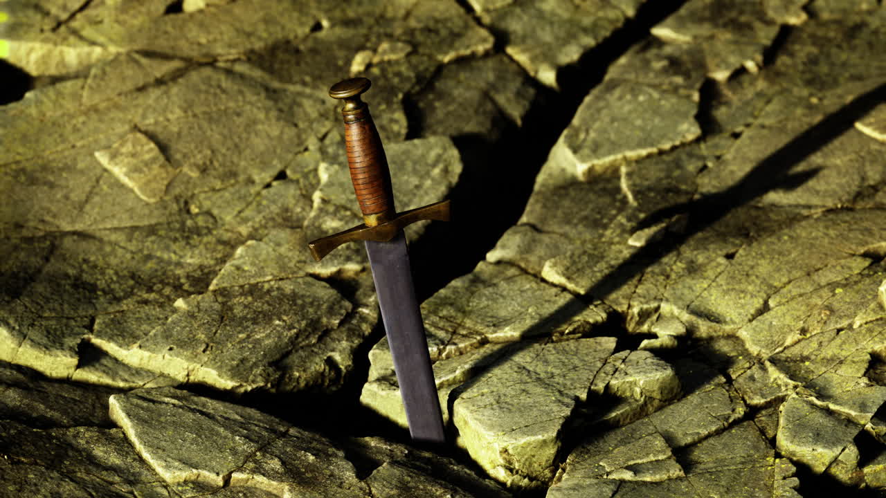 Mysterious sword embedded in ancient stone amid crumbling landscape