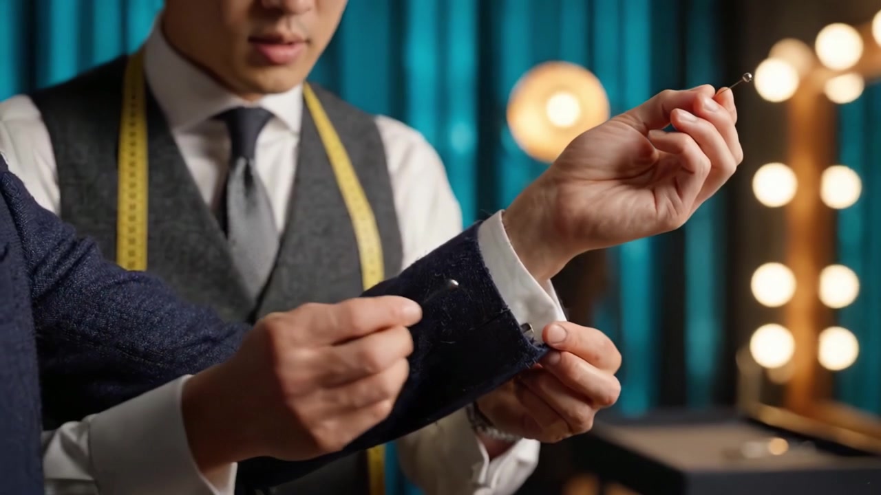 Thợ may chỉnh sửa vest: Sự chính xác và tỉ mỉ được ghi lại trong buổi thử đồ khi thợ may điều chỉnh cổ tay áo cẩn thận và chuyên nghiệp dưới ánh sáng dịu nhẹ