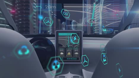 animation of icons and data processing over car interior