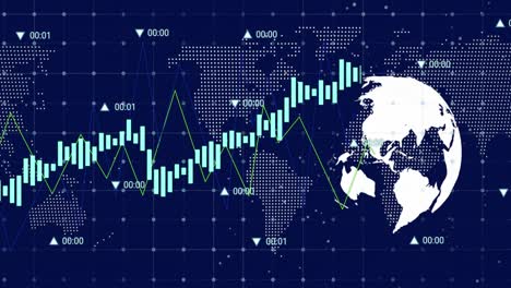 animation of multiple graphs with numbers over globe and map against abstract background