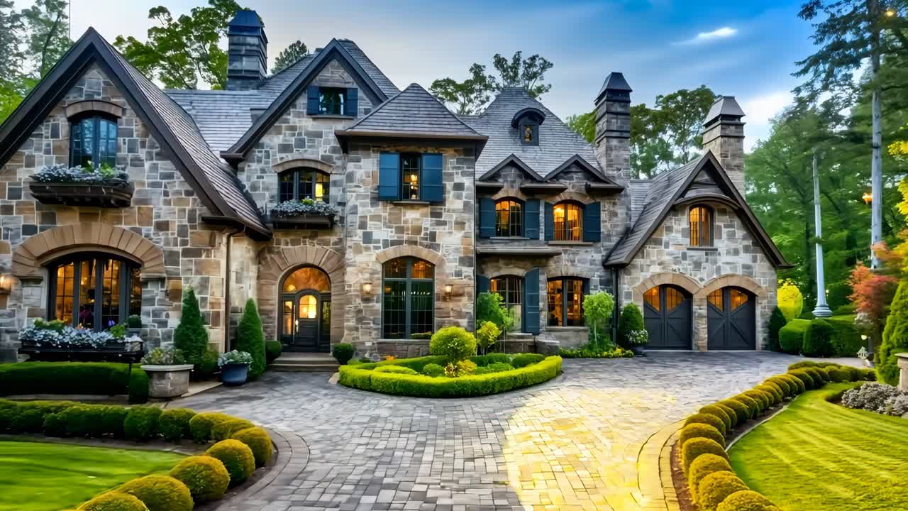 A large stone house with a driveway in front of it