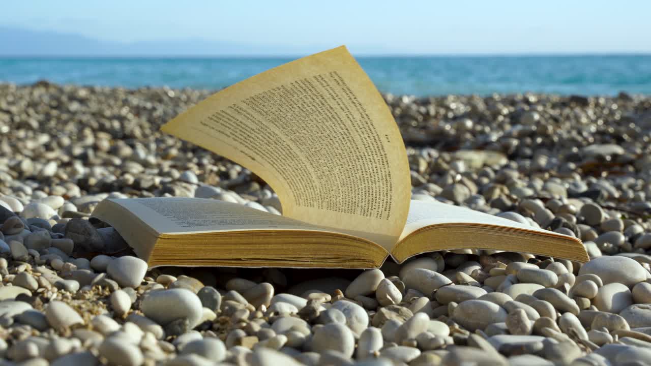 Pagina di un libro mossa da una leggera brezza sulla spiaggia con il mare blu sullo sfondo, durante le vacanze estive.
