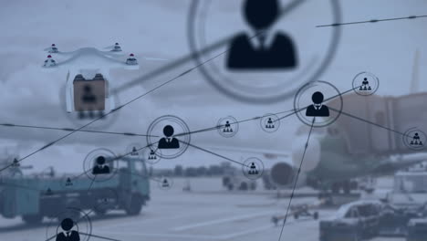 animation of network of connections over drone with parcel over airport