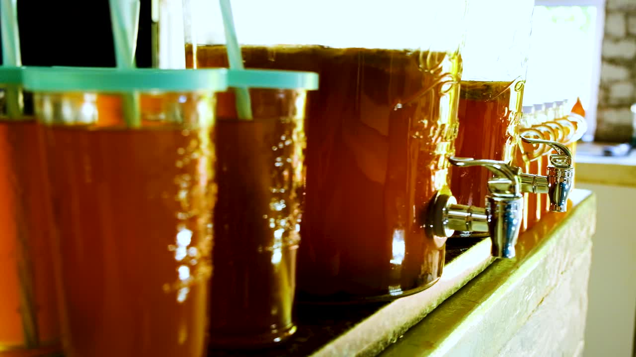 Batch of homebrewed organic kombucha being bottled