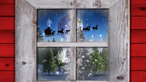 Window-frame-against-snowflakes-falling-over-christmas-tree-on-winter-landscape