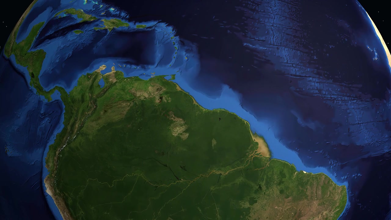 A digital globe rotates and zooms into South America, highlighting Linden, Guyana with data