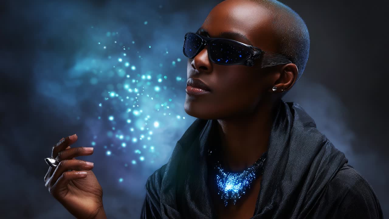 A captivating portrait of a stylish individual wearing sunglasses, showcasing a shimmering aura of magical blue sparkles emanating from their hand, set against a dark, atmospheric background that enhances the mystique