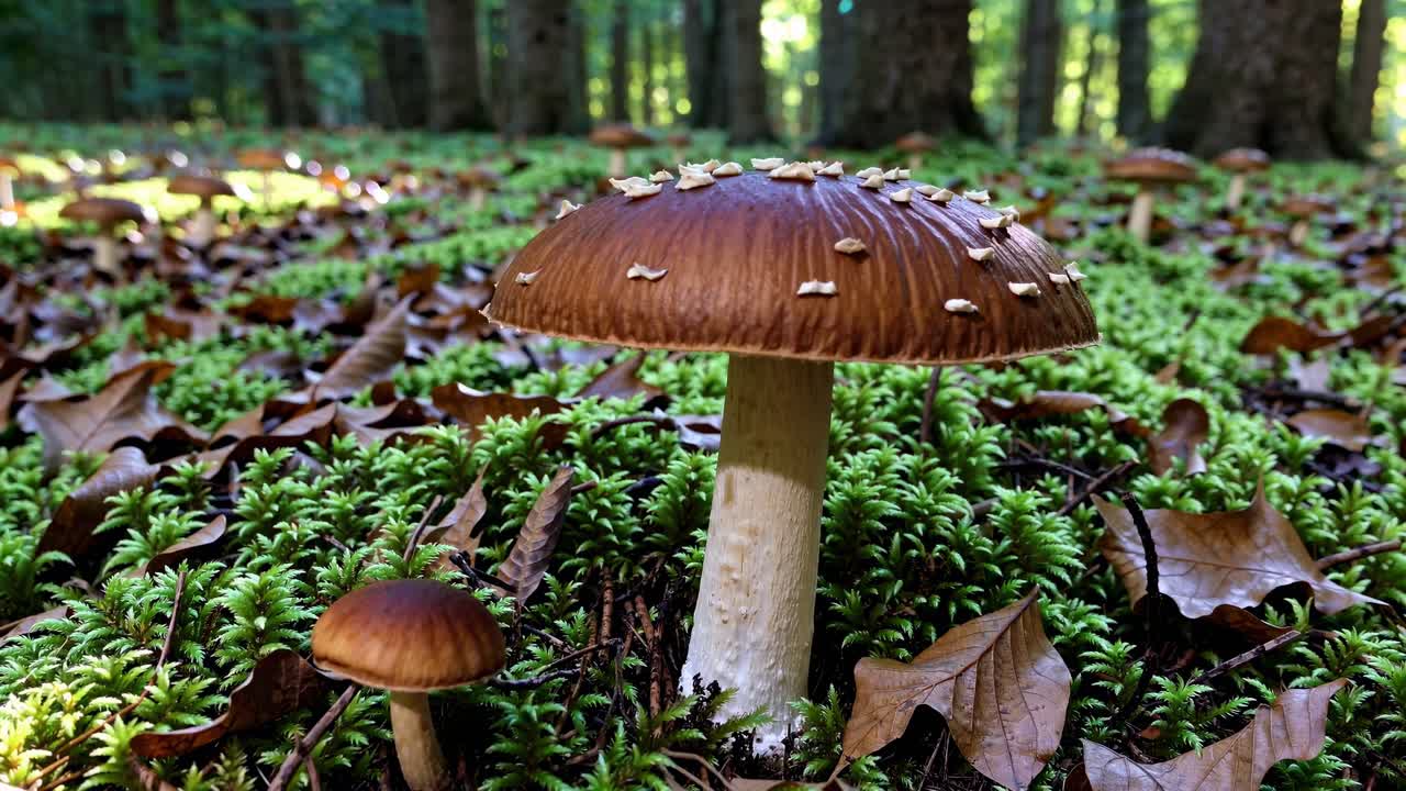 Close-up video of mushrooms in a forest, captured from a low angle
