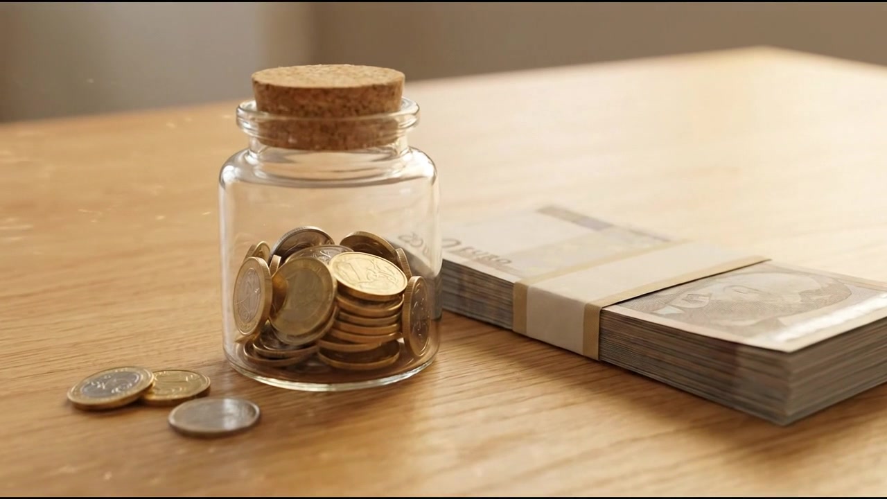 Glass Jar Filled With Euro Coins and Stack of Banknotes on Wooden Table