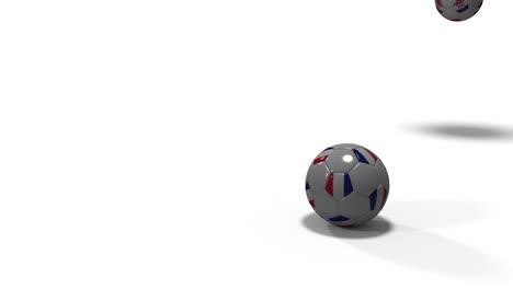 fußball mit französischer flagge und ein fußball mit kroatischer flagge springen auf weißem hintergrund, 3d-rendering, prores-aufnahmen.