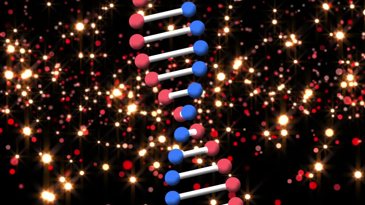 Animation of spots and dna strand at christmas on black background