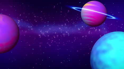 looped animation of abstract planets and starry sky. purple mysterious  planet spinning with glowing ring around in space. cosmos, universe concept. abstract sphere, milky way stock footage