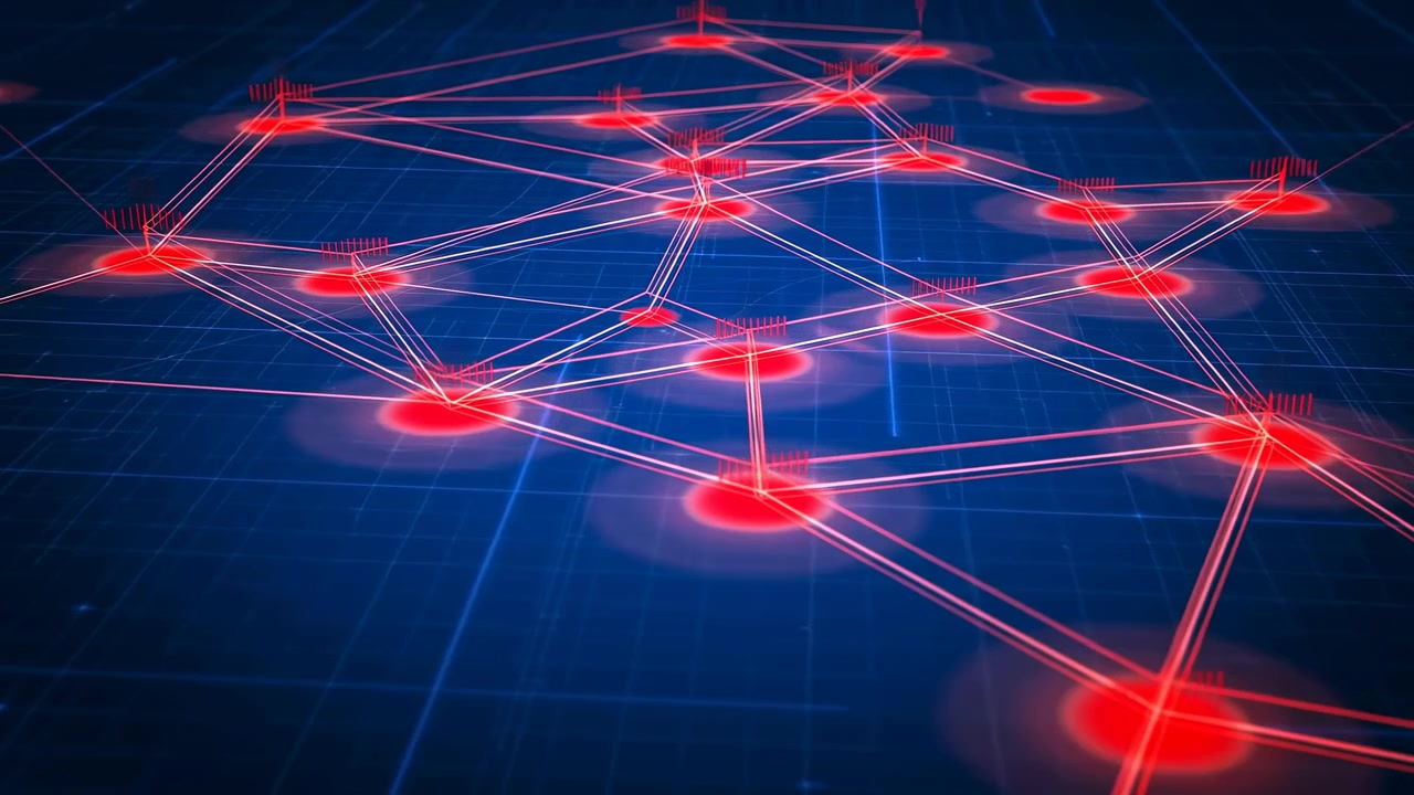 Low-angle view of glowing digital network with red nodes, pink links, and dark blue grid plane, creating strong contrast and futuristic tech feel