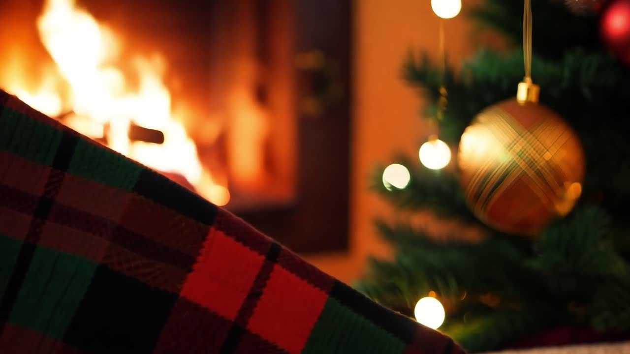 쾌적 한 담요 는 천천히 아름답게 장식 된 크리스마스 트리 를 드러내고, 배경 에 반이는 따뜻 한 벽난로 를 가지고 있다