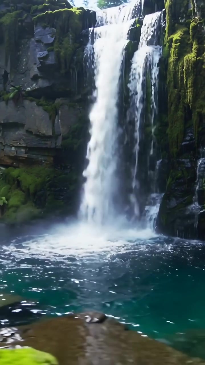 Video verticale: Cascata principale che si riversa oltre una sporgenza, alimentando una pozza turchese in una gola muschiosa e creando nebbia.