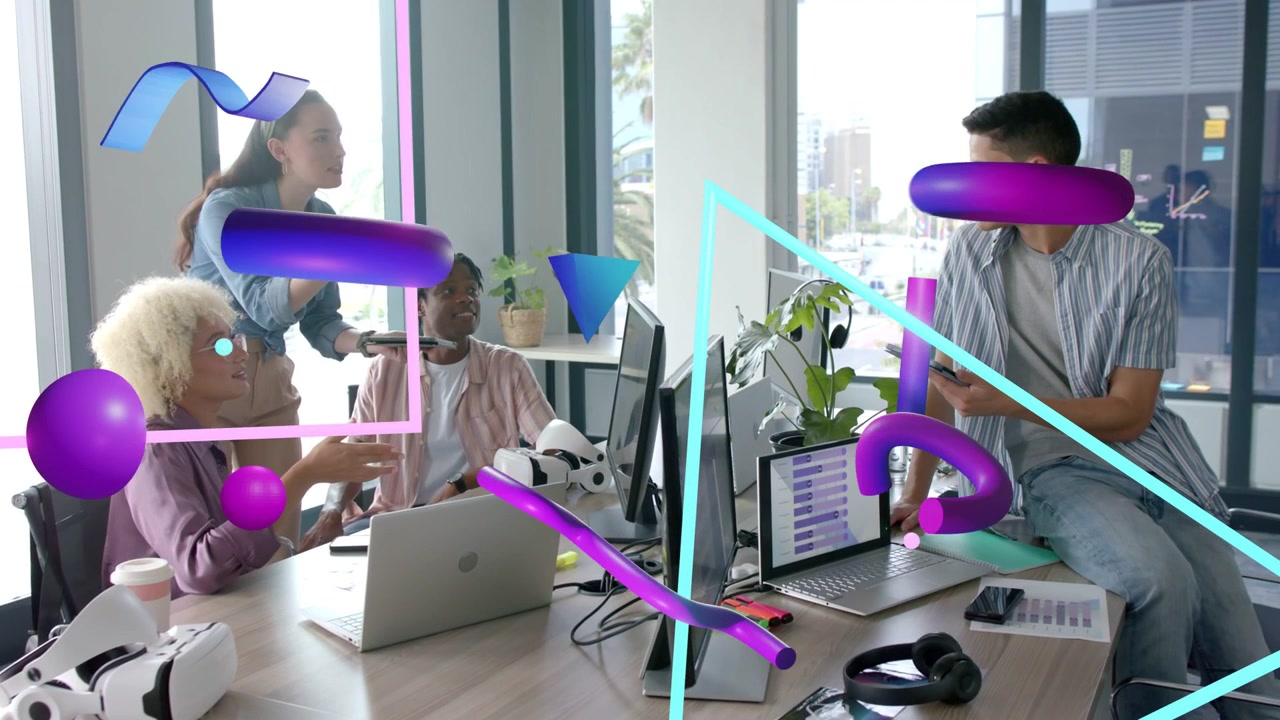 Standing woman leaning in, showing phone tech team inspecting laptop chart as AR shapes floating