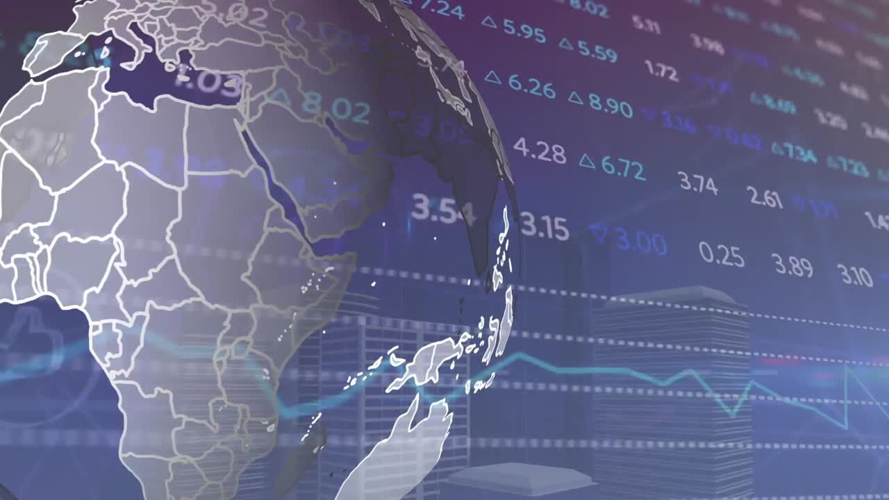 Animation of stock market data processing over spinning globe against tall buildings