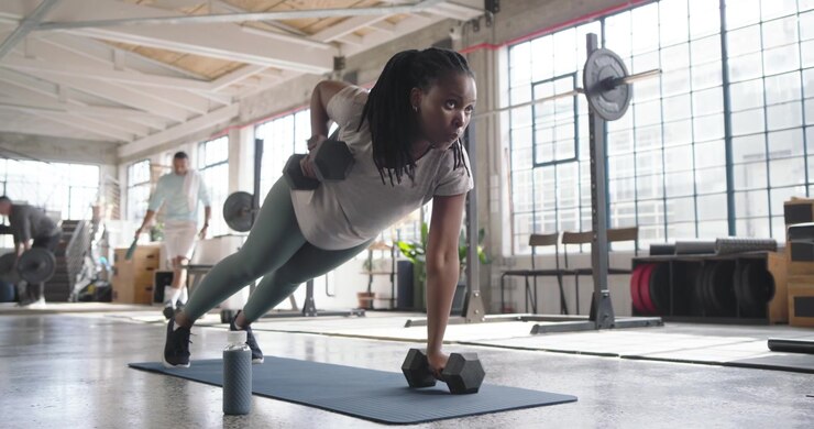 African American woman holding high plank, alternating hex dumbbell rows on blue mat for core