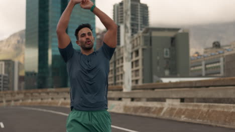 fitness, success and happy man in a city street