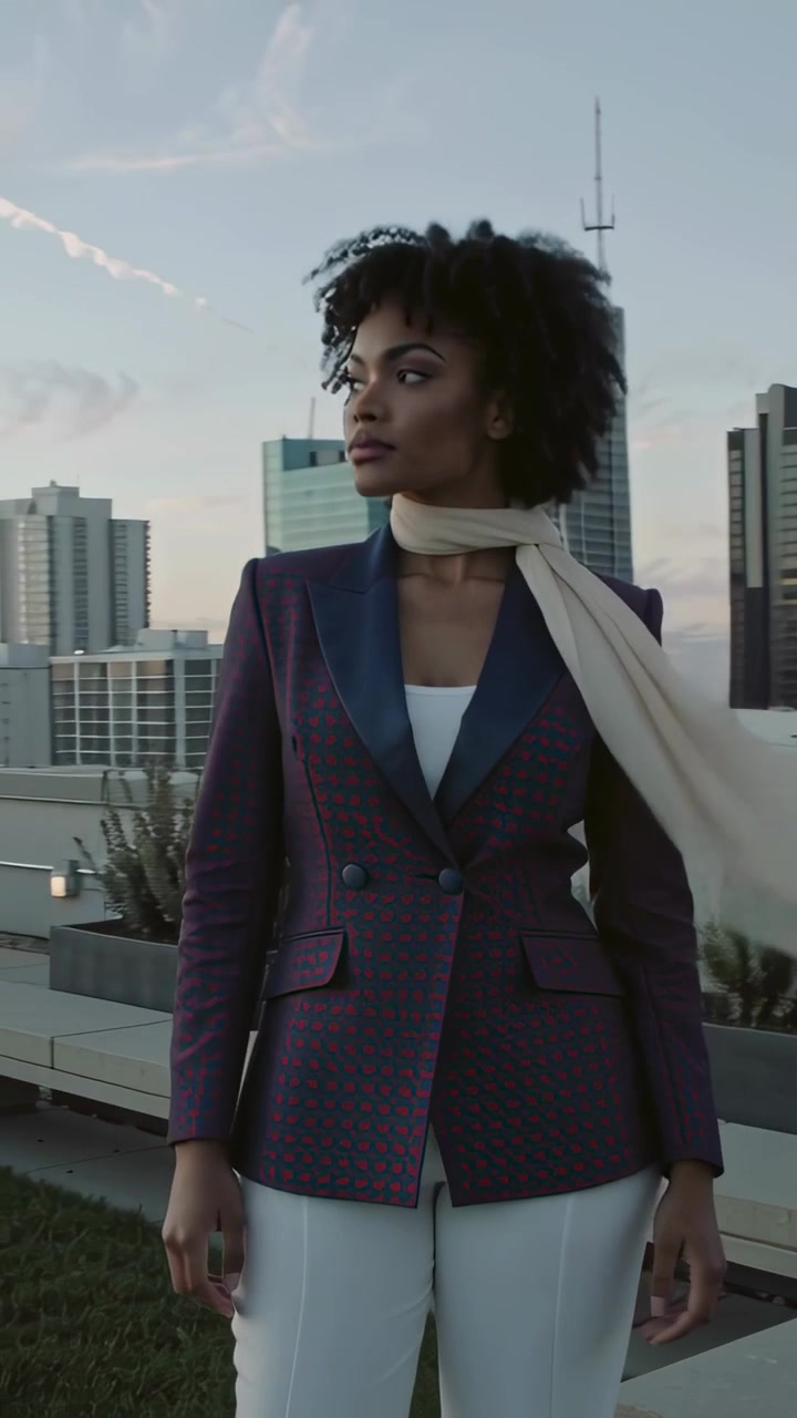 Video vertical: Viento levantando la bufanda de una mujer con americana que se gira y se detiene en una terraza en la azotea, torre redonda