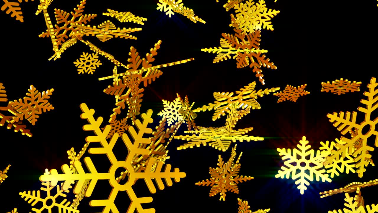copos de nieve dorados cayendo sobre un fondo negro.