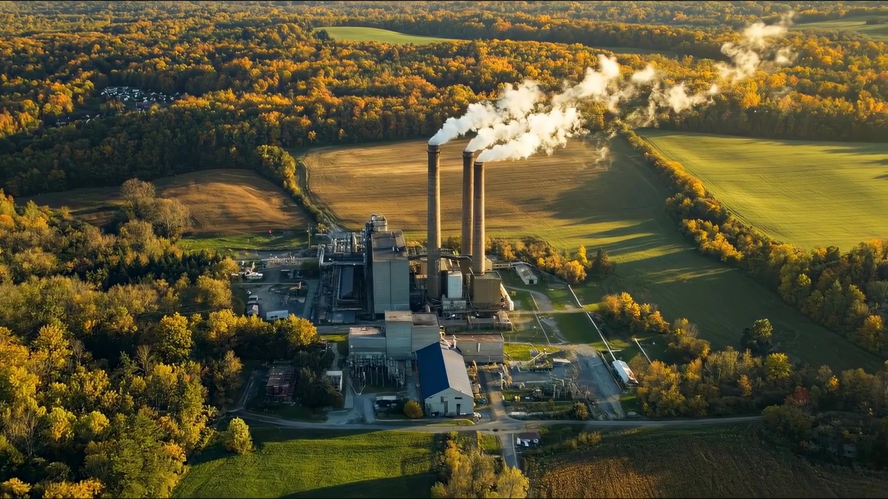 Aerial View of Power Plant Surrounded by Autumn Forest