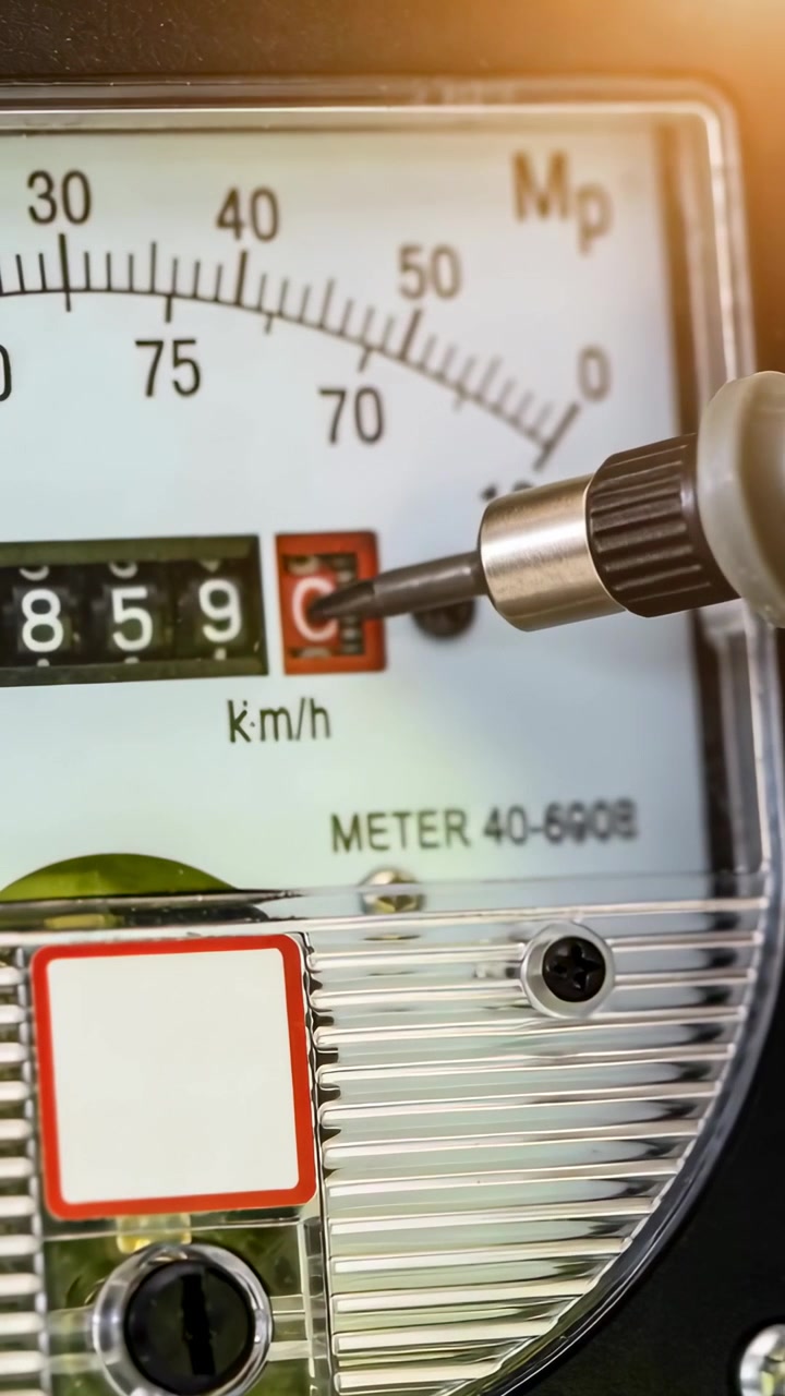 Vertical video: Moving hand turning screwdriver on panel gauge, adjusting red digit for calibration
