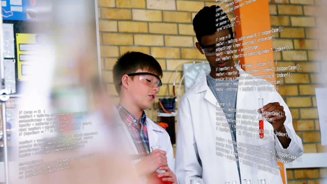 Science pupils one speaking urging peer lifting red test tube drifting code overlay aiding analysis