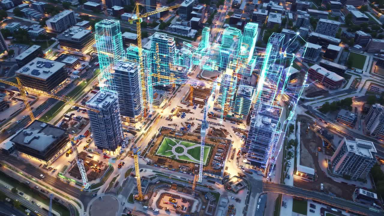 Urban Development Project at Night with 3D Model Overlay