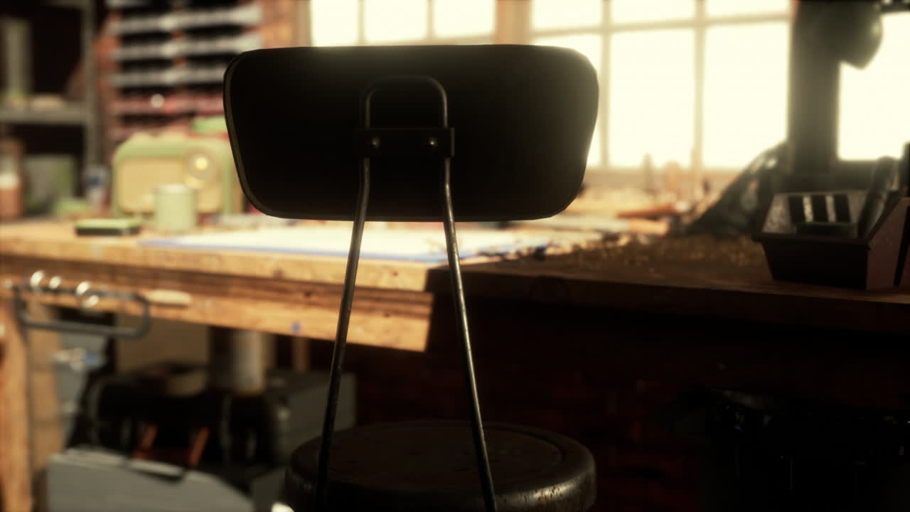 고대 도구와 함께 빈티지 와일드 웨스트 목수 가게 인테리어