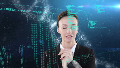 animation of nervous caucasian woman looking at floating data and digital dna model on navy blue b