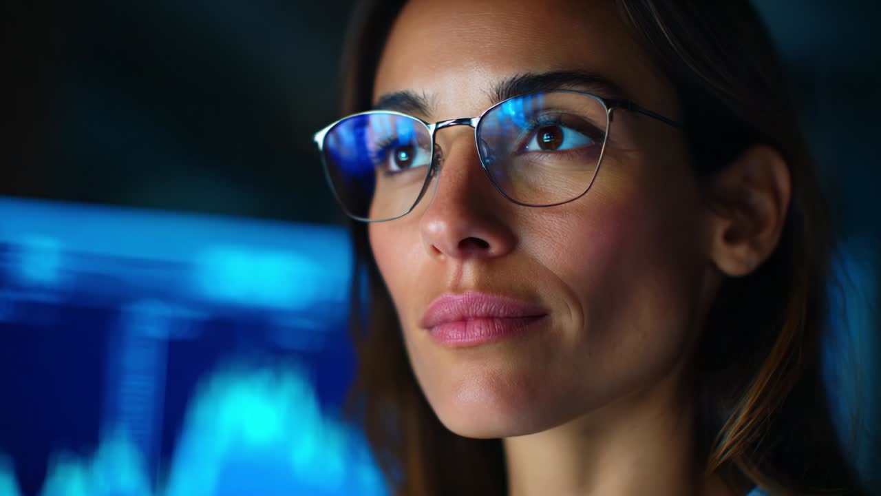 Focused Professional Analyzing Data Trends in a High-Tech Environment with Graphs on Display, Wearing Glasses, Deep in Thought Reflecting on Market Insights and Strategies for Growth and Success