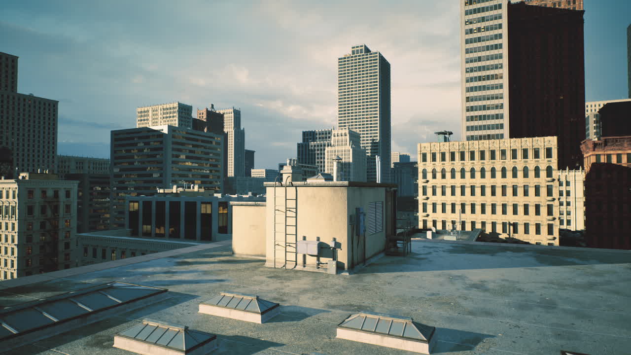 Rooftop view of urban skyline showcasing modern city architecture at dusk