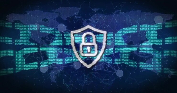 Digital Security Shield Icon Over Global Network Data
