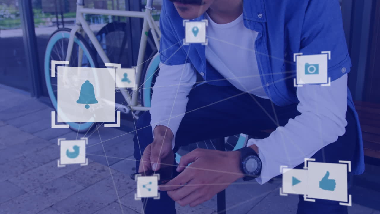 animación de la red de conexiones con iconos sobre el hombre usando un teléfono inteligente