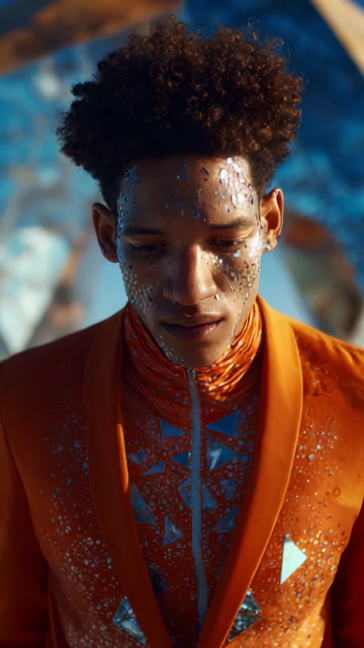 A striking figure adorned with glittering facial embellishments and an orange suit, standing amidst an ethereal blue background that enhances their enigmatic allure