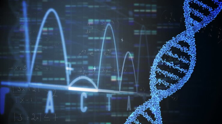 Animation of dna strand and medical data processing on blue background