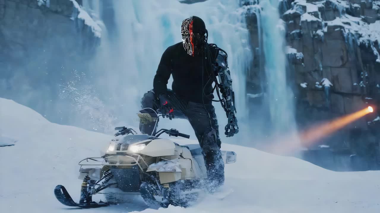 Futuristic Figure with Cybernetic Arm and Snowmobile in a Snowy Mountain Landscape