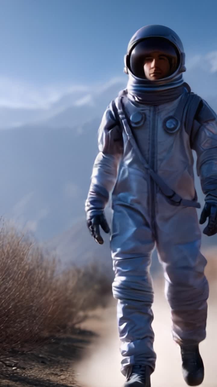 An Astronaut Strolling On a Dusty Path with Mountainous Terrain Under a Clear Sky, Reflecting Exploration and Adventure in Space Travel Context