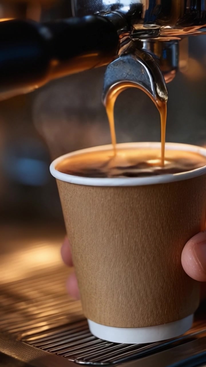 Espresso appena fatto che si versa in una tazza di carta marrone, catturato con dettagli fumanti, evidenziando il colore ricco e l'aroma dell'esperienza del caffè.