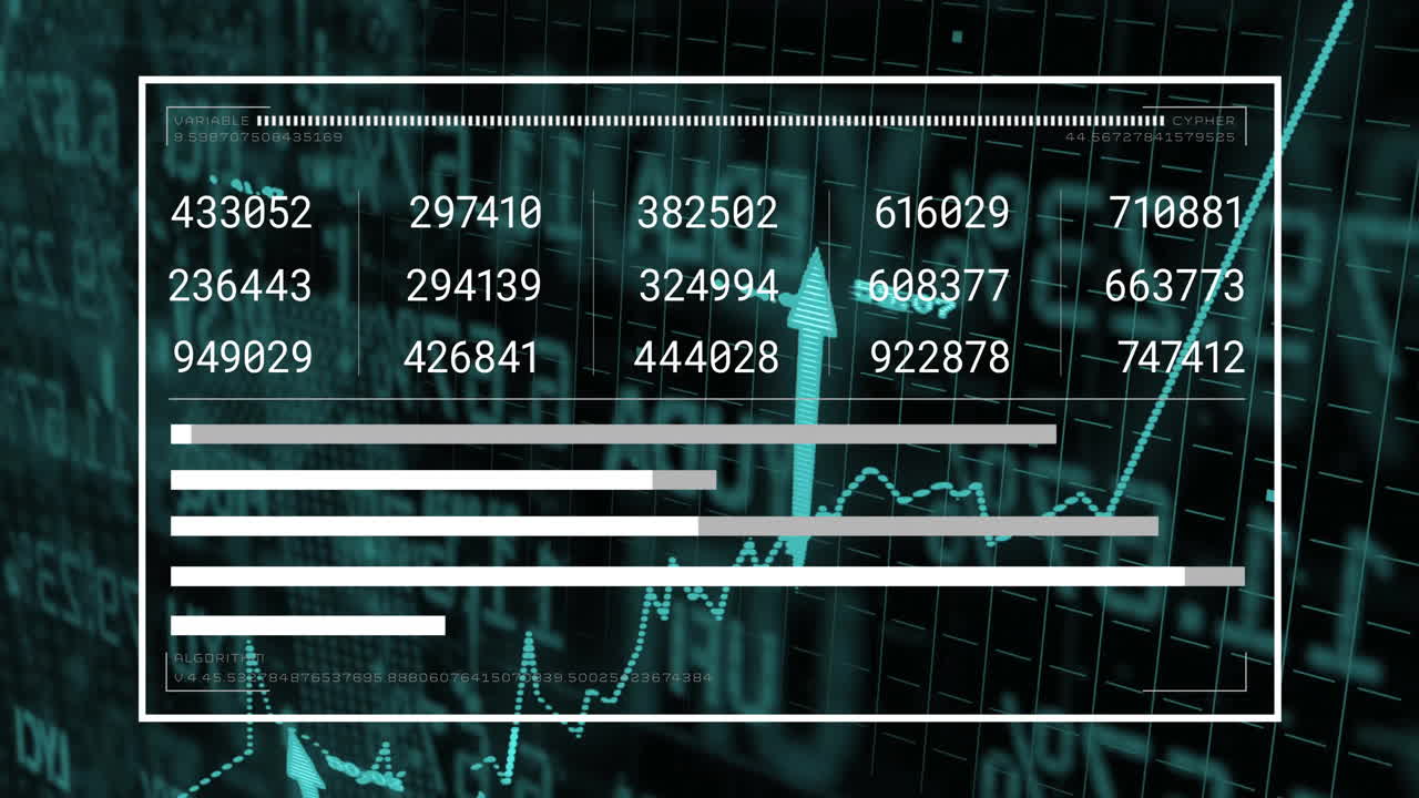 Analyzing financial data with bar graphs over digital stock market chart animation