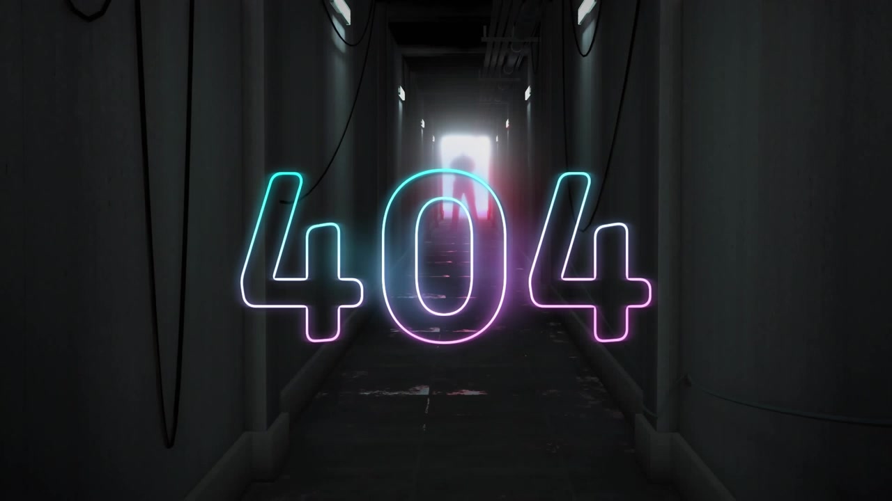 Animation of illuminated 404 number over man standing arms crossed at the end of corridor
