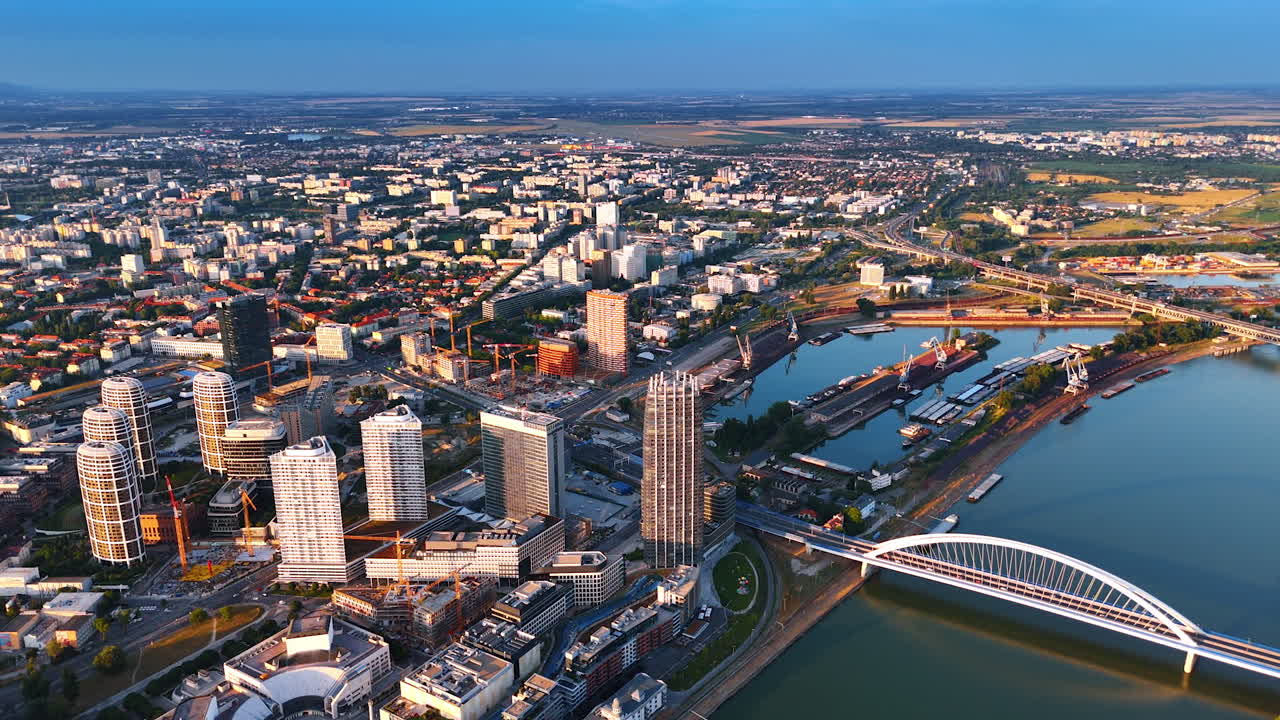 Modern panorama of Bratislava, Slovakia on sunny day. Footage above the Daube from drone