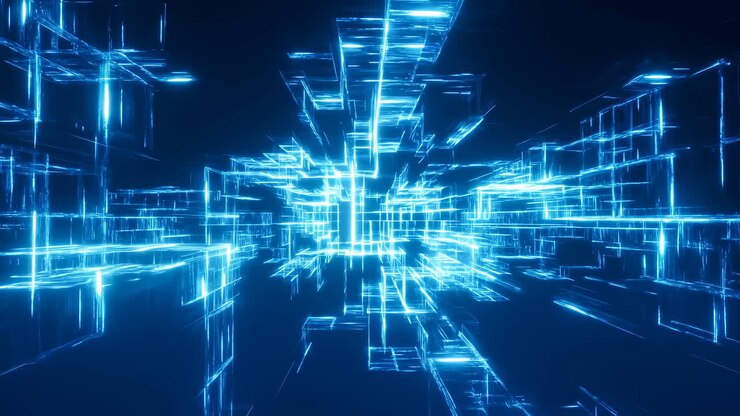 Corridoio digitale di dati blu brillante, linee a griglia pulsanti e strutture simili a circuiti che corrono verso il punto di fuga.