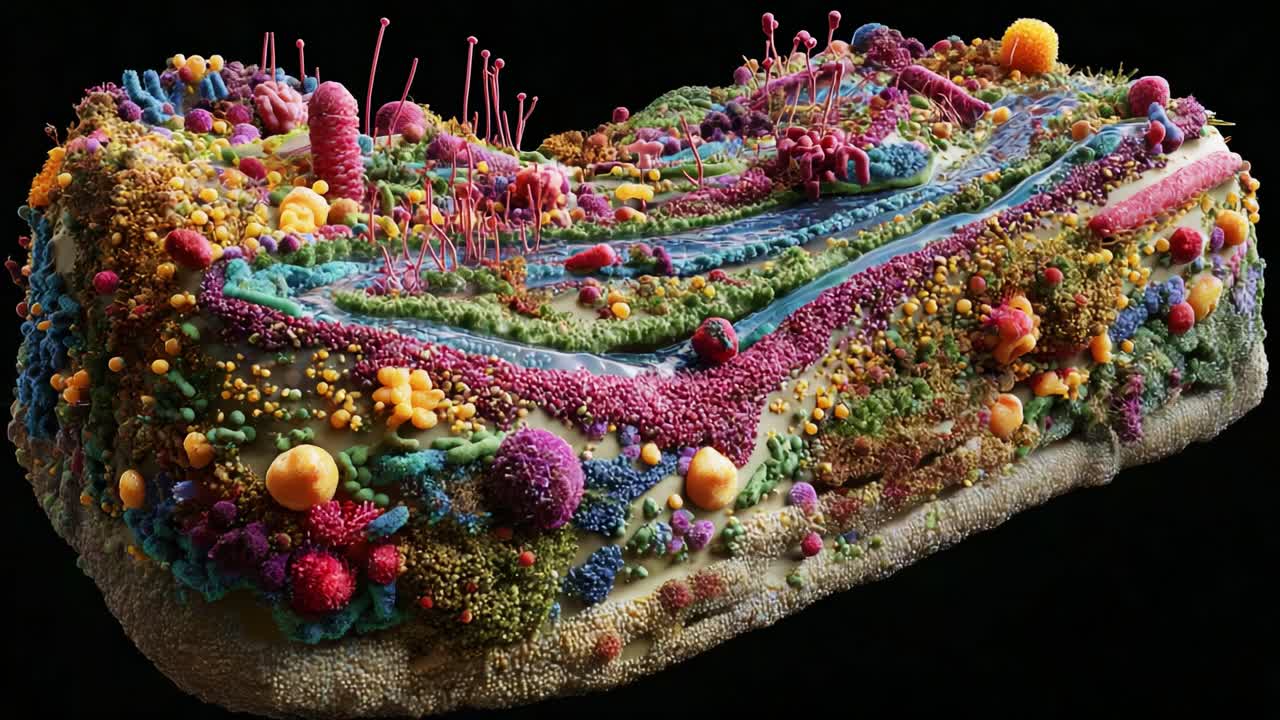Exploring the Intricate World of Microbial Landscapes: A Detailed Visualization of Vibrant Organisms in a Richly Textured Environment Captured in Stunning Detail