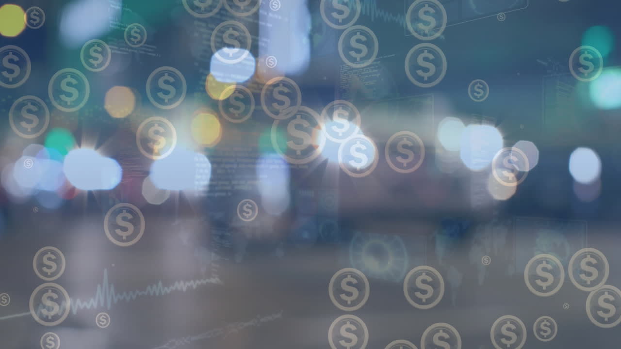 Animação de símbolos de dólar americano sobre a cidade
