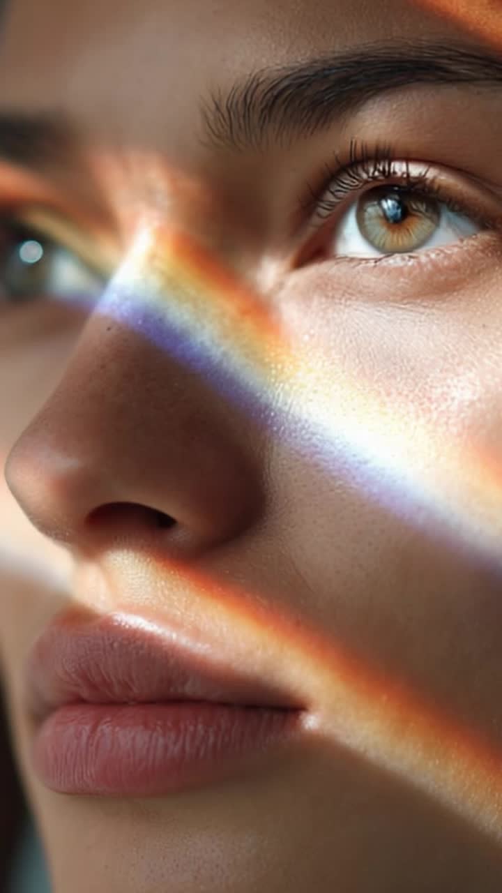 A close-up of a young woman's face illuminated by colorful sunlight, showcasing radiant skin and intriguing eye details through mesmerizing rainbow reflections