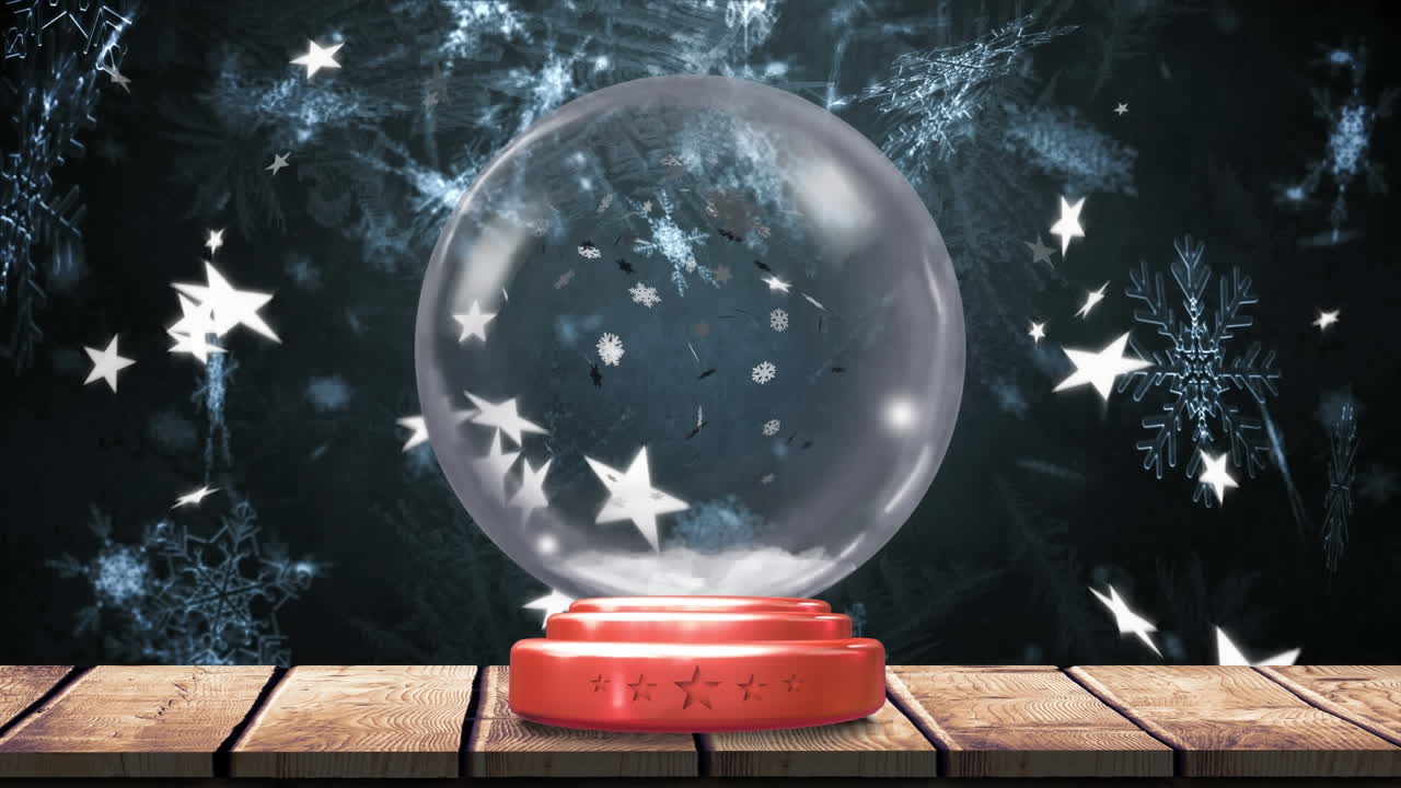 animación del globo de nieve de navidad con saludos de navidad y nieve cayendo sobre un fondo negro