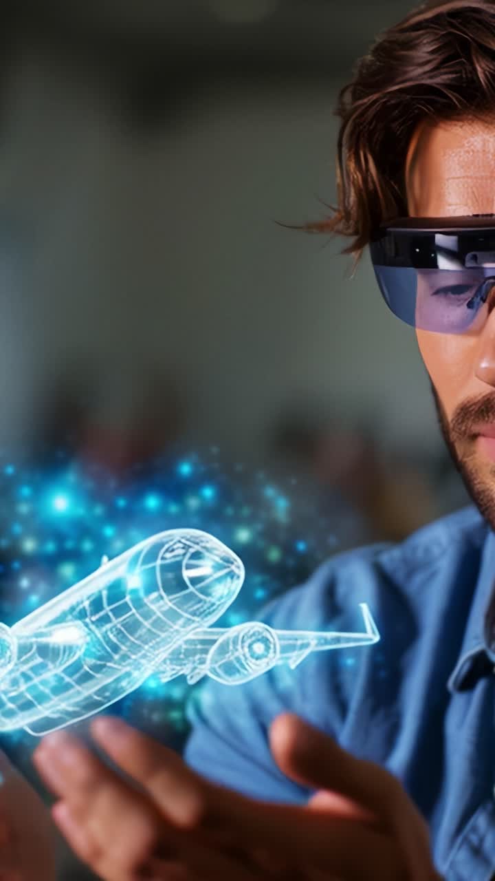 Innovative Technology: A Man Interacts with a Holographic Airplane Model through Augmented Reality Glasses in a Dynamic Digital Environment